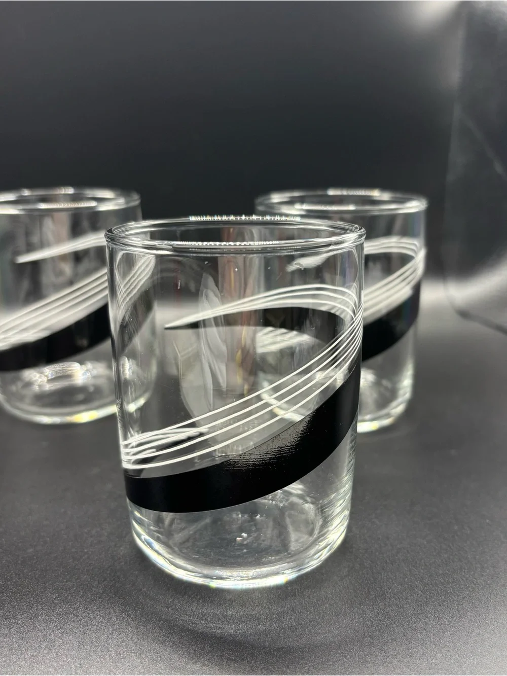 Vintage Libbey Mid-Century Modern Black & White Ribbon Rocks Glasses - Set of 4